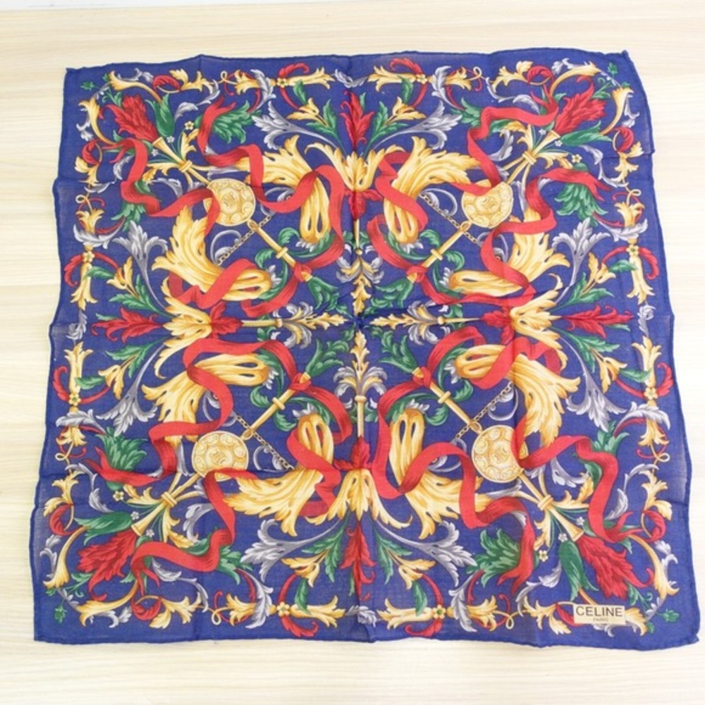 Vintage CELINE Paris Handkerchief Blue Gold‎ Medallion Arabesque AUTH Luxe 17x18 - Picture 2 of 12